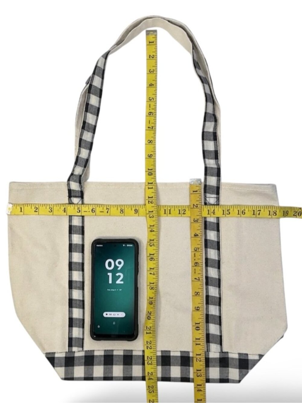 Large Tote Heavyweight Canvas Black White Neutral Tan Gingham Buffalo Plaid - Picture 5 of 16